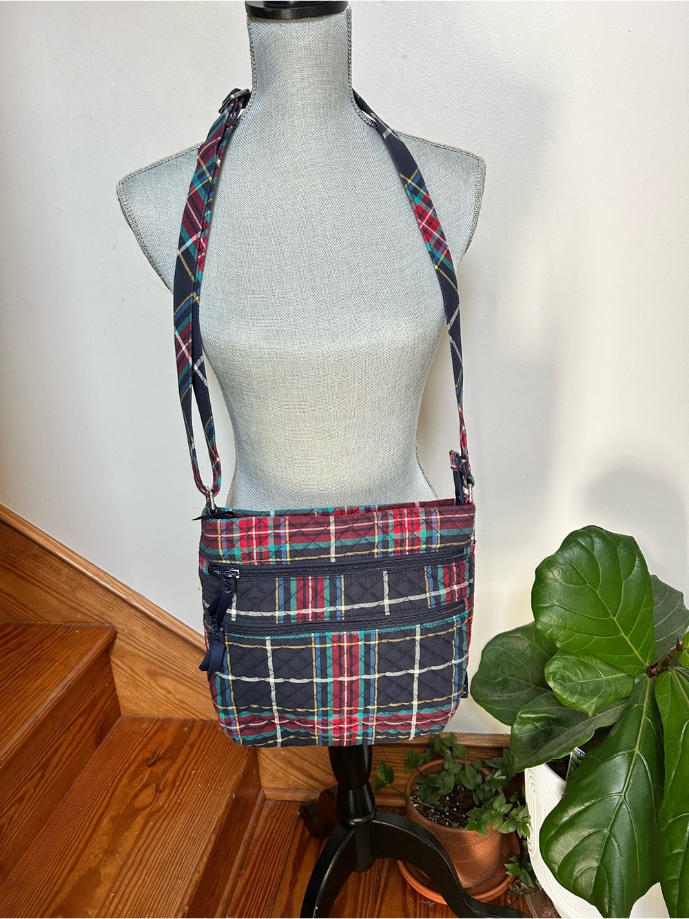 Vera Bradley Retired Tartan Triple Zip Navy Plaid Crossbody Shoulder Bag